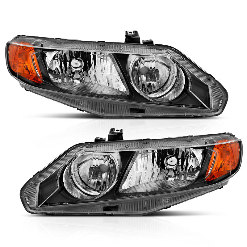 ANZO 2006-2011 Honda Civic Crystal Headlight Set with black housing and clear lens, designed for improved visibility and style.