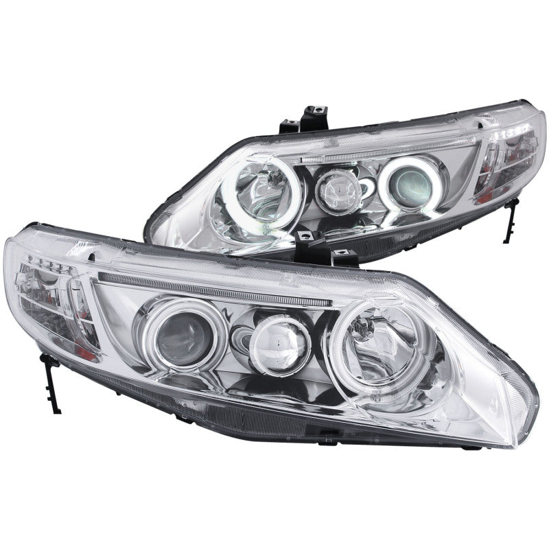 ANZO 2006-2011 Honda Civic Projector Headlights with Halo Chrome, showcasing clear lens and chrome housing design.