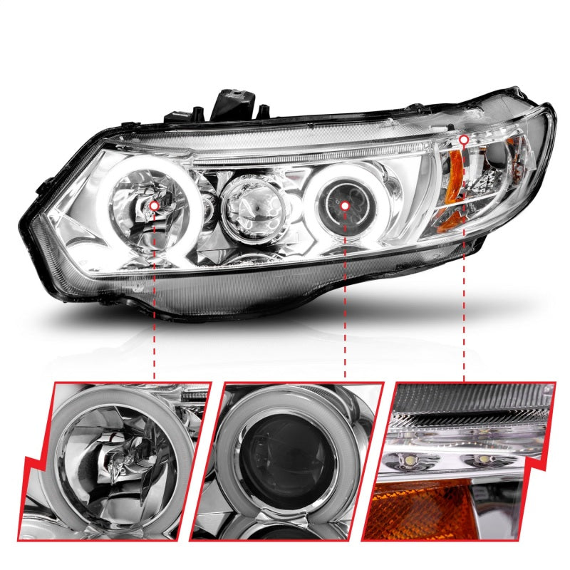 ANZO 2006-2011 Honda Civic Projector Headlights with Halo Chrome, showcasing clear lens and chrome housing design.