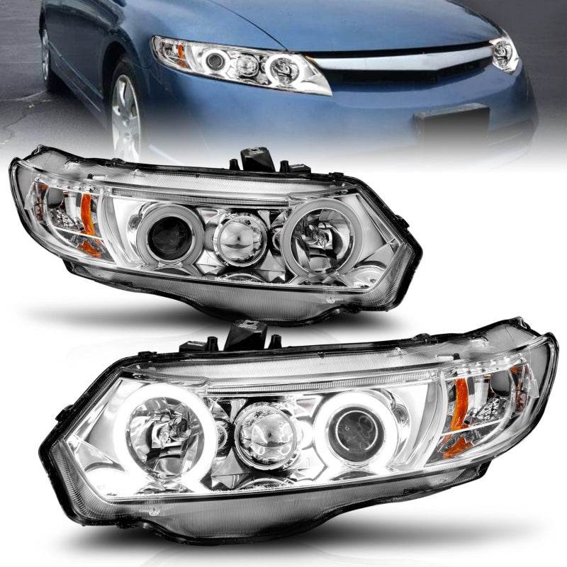 ANZO 2006-2011 Honda Civic Projector Headlights with Halo Chrome, showcasing clear lens and chrome housing design.