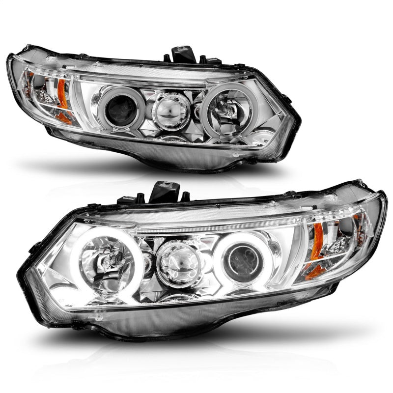 ANZO 2006-2011 Honda Civic Projector Headlights with Halo Chrome, showcasing clear lens and chrome housing design.