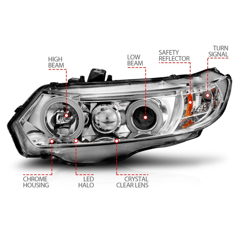 ANZO 2006-2011 Honda Civic Projector Headlights with Halo Chrome, showcasing clear lens and chrome housing design.