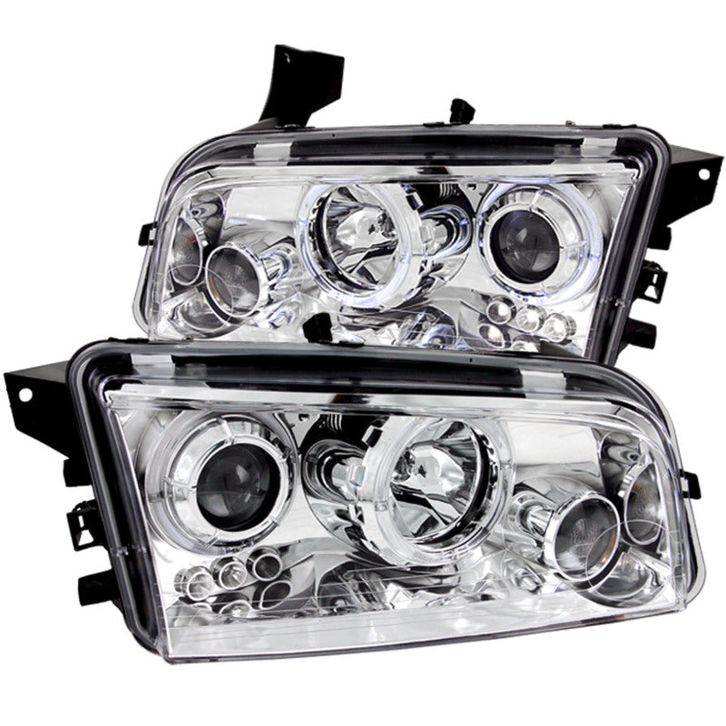 ANZO 2006-2010 Dodge Charger projector headlights with halo chrome design, showcasing clear lens and chrome housing.