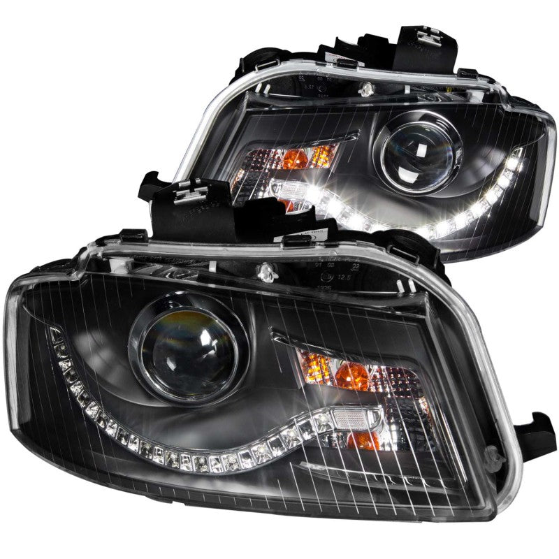 ANZO 2006-2008 Audi A3 Projector Headlights in black housing with clear lens, featuring R8 LED style design.