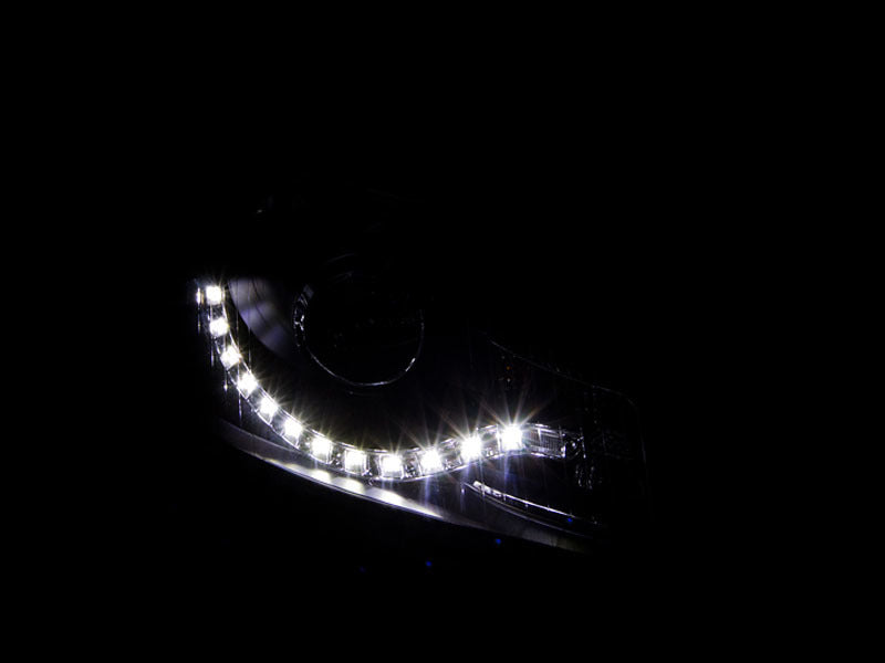 ANZO 2006-2008 Audi A3 Projector Headlights in black housing with clear lens, featuring R8 LED style design.