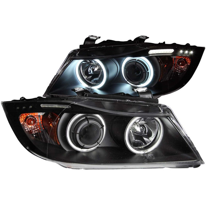 ANZO projector headlights for 2006-2008 BMW 3 Series E90-E91 with halo and LED bar, featuring clear lens and black housing.