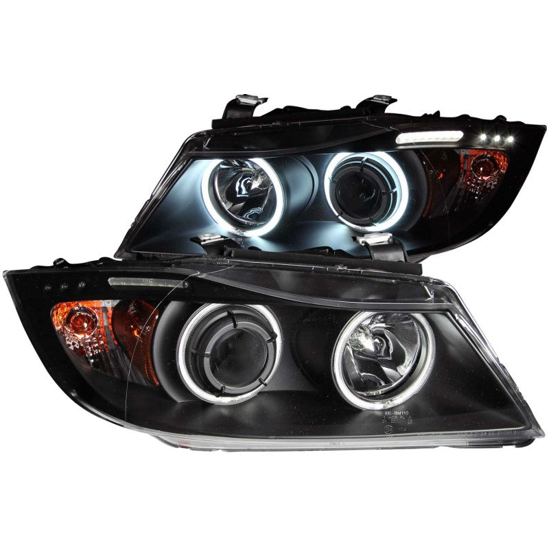 ANZO projector headlights for 2006-2008 BMW 3 Series E90-E91 with halo and LED bar, featuring clear lens and black housing.