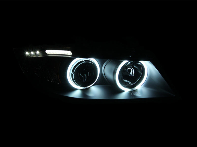 ANZO projector headlights for 2006-2008 BMW 3 Series E90-E91 with halo and LED bar, featuring clear lens and black housing.
