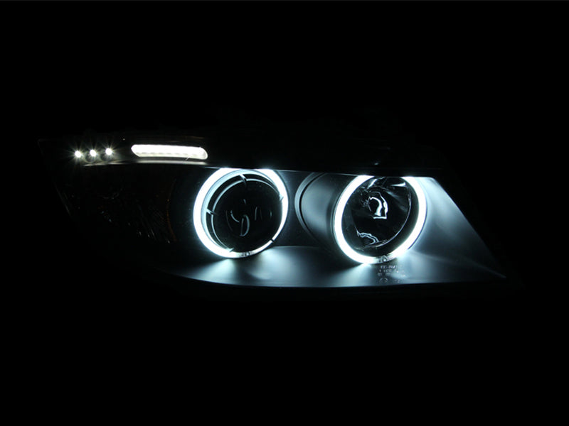 ANZO projector headlights for 2006-2008 BMW 3 Series E90-E91 with halo and LED bar, featuring clear lens and black housing.