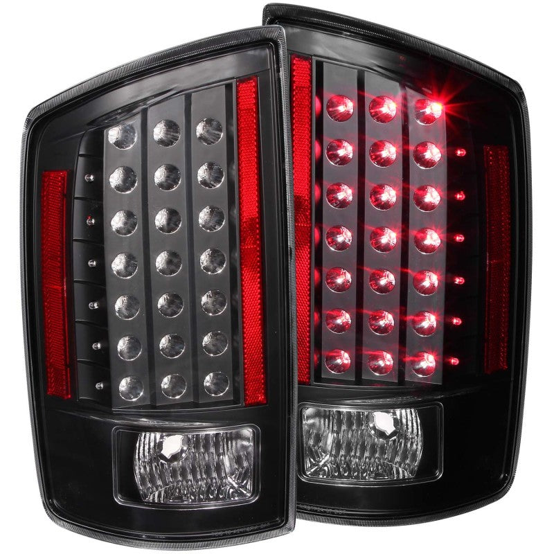 ANZO 2006-2008 Dodge Ram 1500 LED Taillights with black housing and clear lens, showcasing modern design and enhanced visibility.