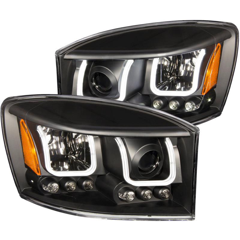 ANZO 2006-2008 Dodge Ram 1500 Projector Headlights with U-Bar in black housing, showcasing clear lens design.