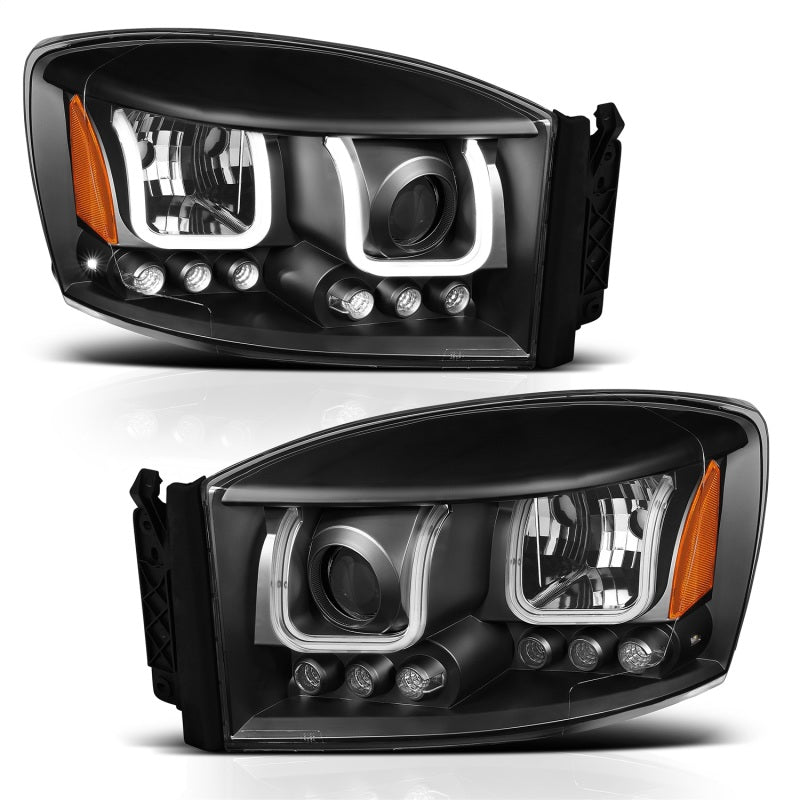 ANZO 2006-2008 Dodge Ram 1500 Projector Headlights with U-Bar in black housing, showcasing clear lens design.