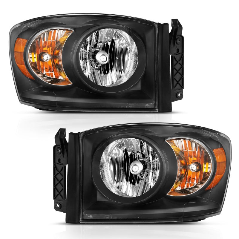 ANZO 2006-2009 Dodge Ram 1500 Crystal Headlight in black amber finish, showcasing its sleek design and clear lens.