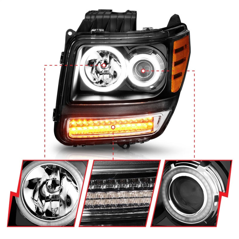 ANZO 2007-2012 Dodge Nitro Projector Headlights with Halo Black CCFL, showcasing sleek black housing and clear lens design.