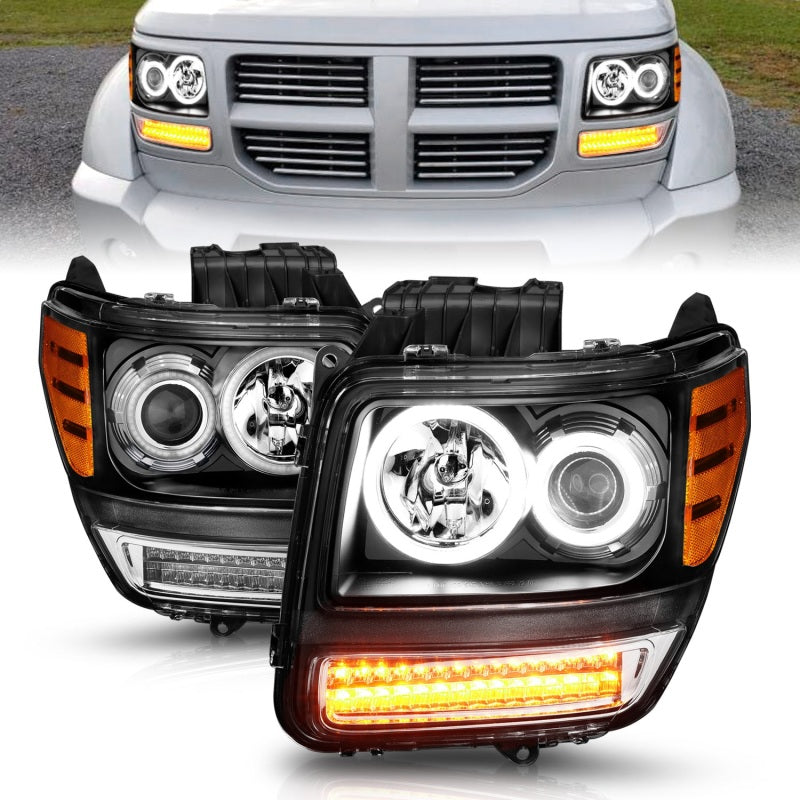 ANZO 2007-2012 Dodge Nitro Projector Headlights with Halo Black CCFL, showcasing sleek black housing and clear lens design.