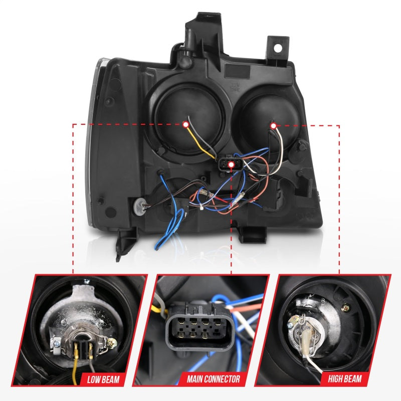 ANZO 2007-2013 Chevrolet Avalanche projector headlights with halo feature and black housing, showcasing modern design and clear lens.