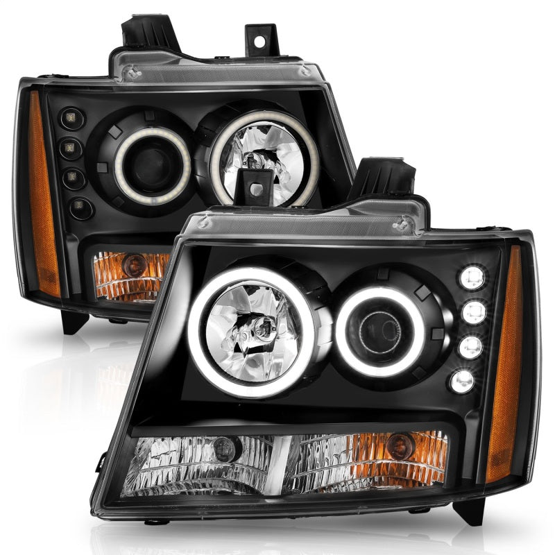 ANZO 2007-2013 Chevrolet Avalanche projector headlights with halo feature and black housing, showcasing modern design and clear lens.
