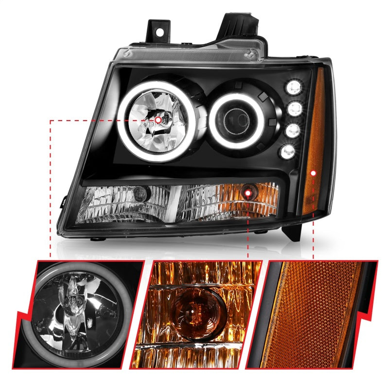 ANZO 2007-2013 Chevrolet Avalanche projector headlights with halo feature and black housing, showcasing modern design and clear lens.