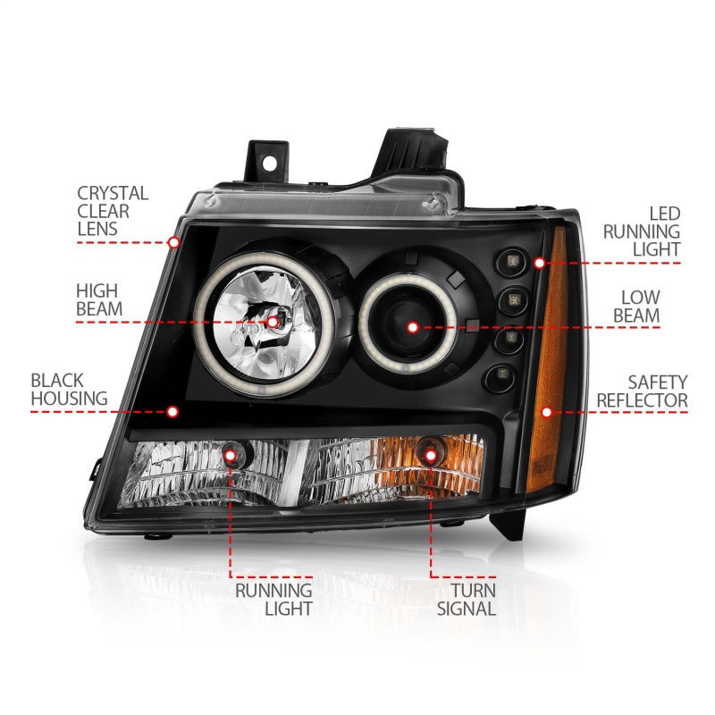 ANZO 2007-2013 Chevrolet Avalanche projector headlights with halo feature and black housing, showcasing modern design and clear lens.