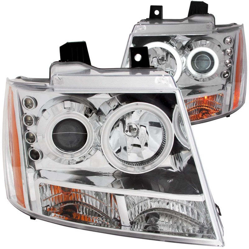 ANZO 2007-2013 Chevrolet Avalanche Projector Headlights with Halo Chrome, showcasing clear lens and chrome housing.