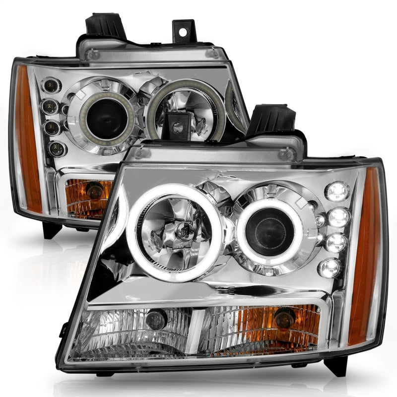 ANZO 2007-2013 Chevrolet Avalanche Projector Headlights with Halo Chrome, showcasing clear lens and chrome housing.