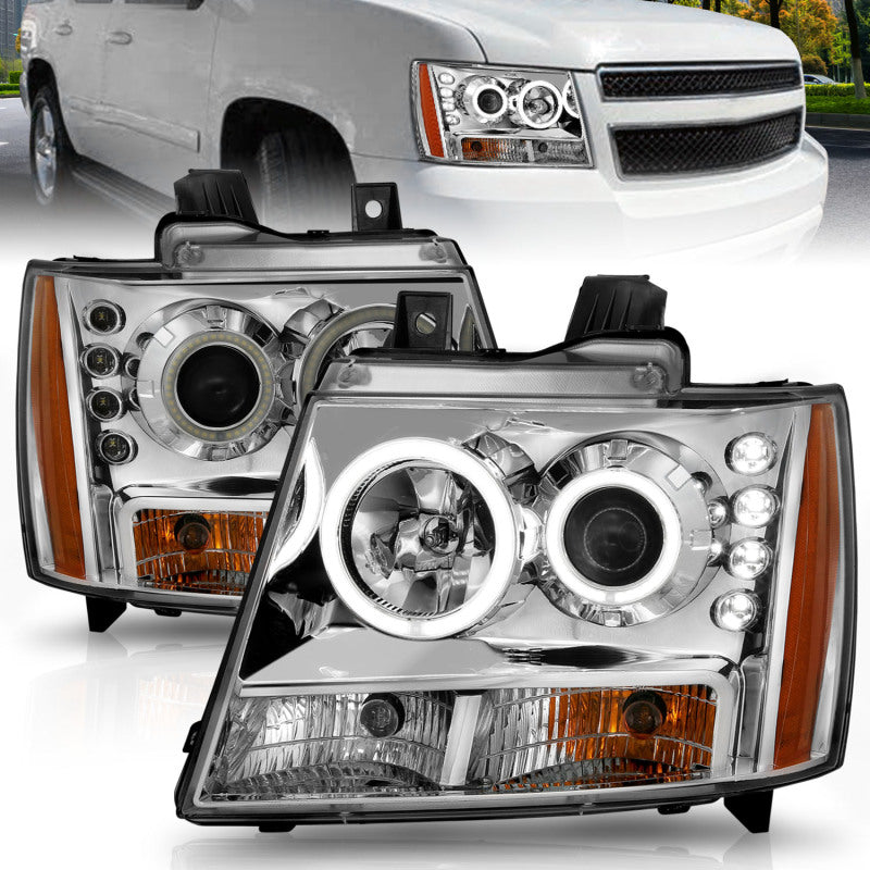 ANZO 2007-2013 Chevrolet Avalanche Projector Headlights with Halo Chrome, showcasing clear lens and chrome housing.