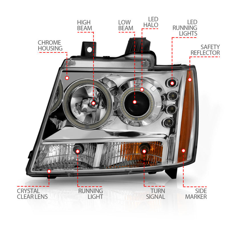 ANZO 2007-2013 Chevrolet Avalanche Projector Headlights with Halo Chrome, showcasing clear lens and chrome housing.