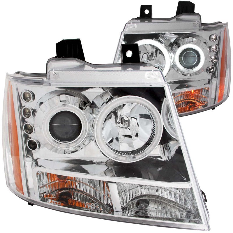 ANZO 2007-2013 Chevrolet Avalanche Projector Headlights with Halo Chrome, showcasing clear lens and chrome housing.