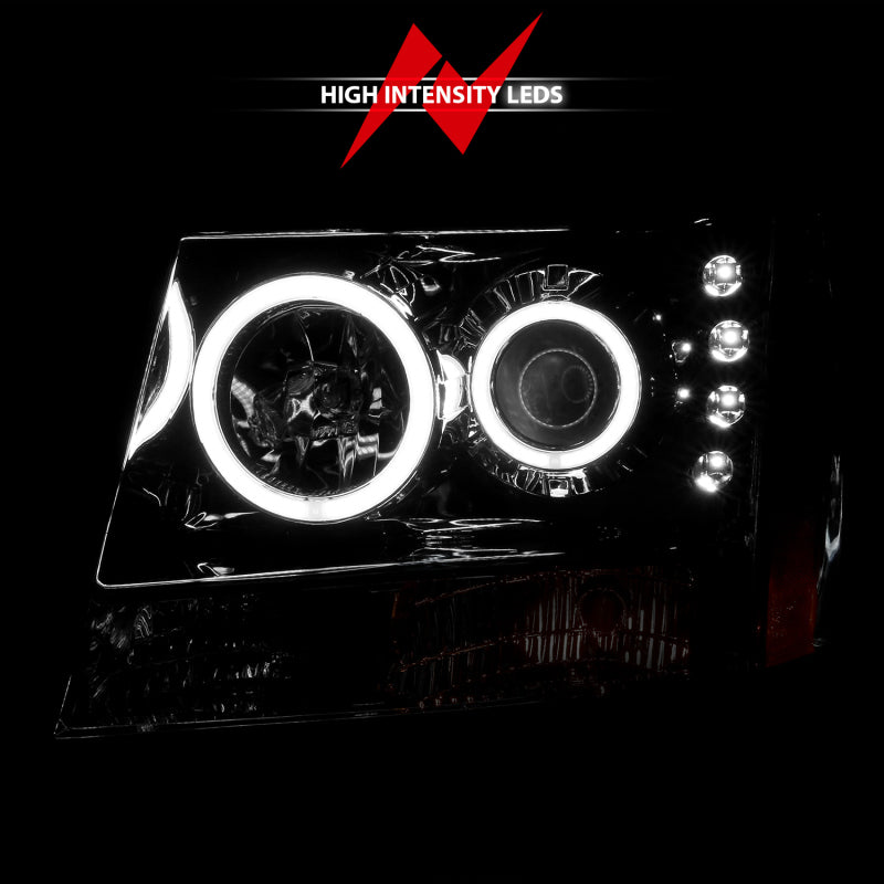 ANZO 2007-2013 Chevrolet Avalanche Projector Headlights with Halo Chrome, showcasing clear lens and chrome housing.