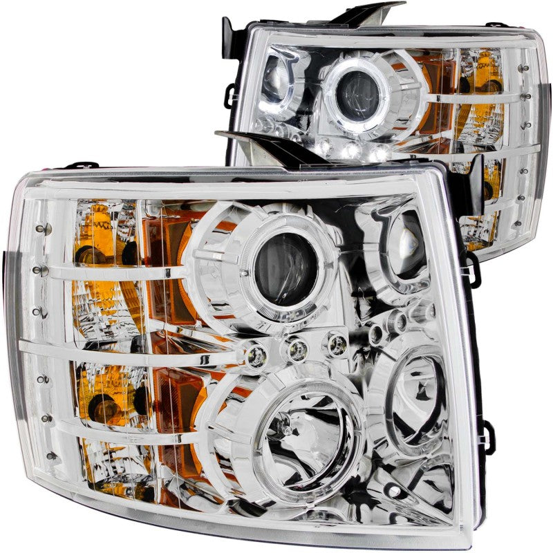 ANZO 2007-2013 Chevrolet Silverado 1500 Projector Headlights with Halo C, featuring clear lens and chrome housing.