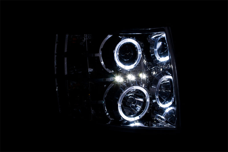 ANZO 2007-2013 Chevrolet Silverado 1500 Projector Headlights with Halo C, featuring clear lens and chrome housing.
