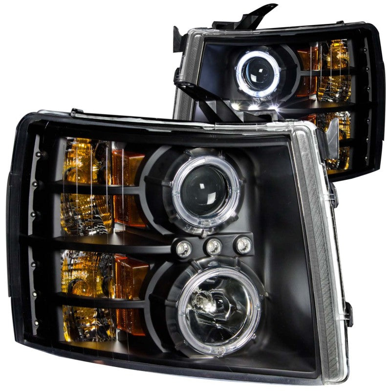 ANZO 2007-2013 Chevrolet Silverado 1500 Projector Headlights with Halo B, featuring clear lens and black housing for enhanced visibility.