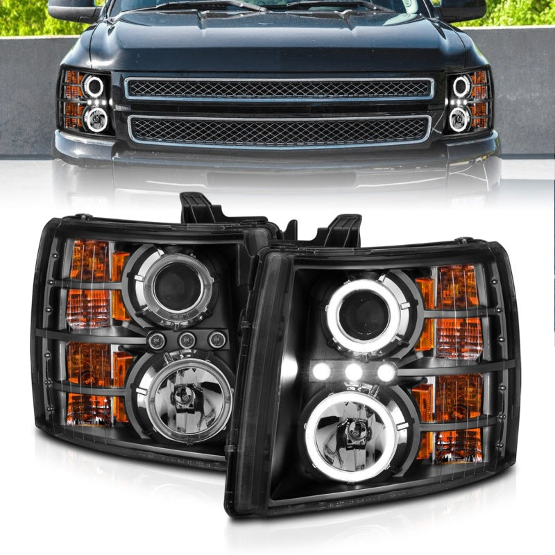 ANZO 2007-2013 Chevrolet Silverado 1500 Projector Headlights with Halo B, featuring clear lens and black housing for enhanced visibility.