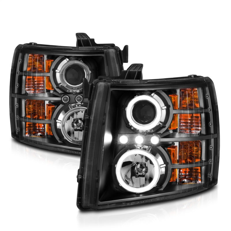 ANZO 2007-2013 Chevrolet Silverado 1500 Projector Headlights with Halo B, featuring clear lens and black housing for enhanced visibility.