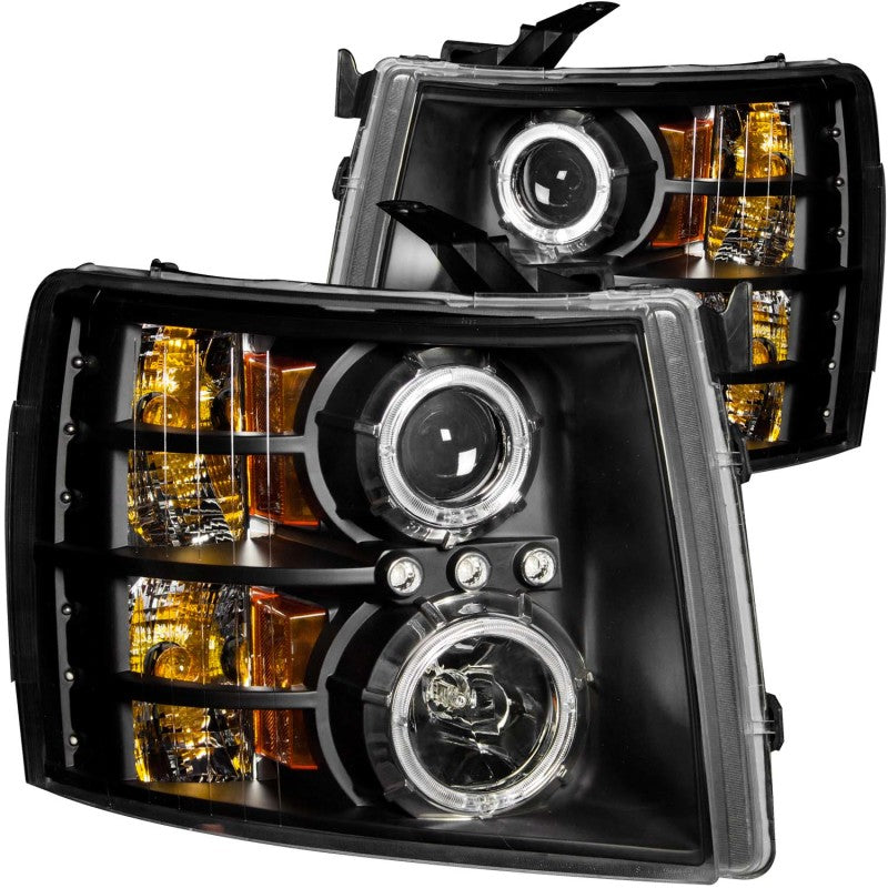 ANZO 2007-2013 Chevrolet Silverado 1500 Projector Headlights with Halo B, featuring clear lens and black housing for enhanced visibility.