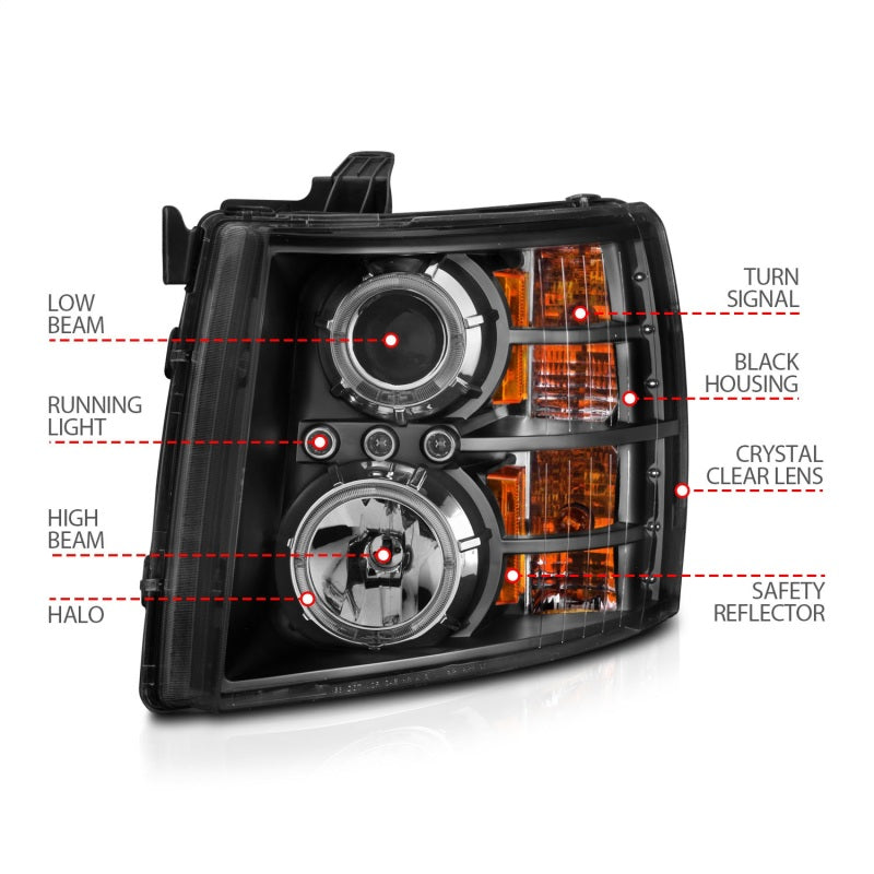 ANZO 2007-2013 Chevrolet Silverado 1500 Projector Headlights with Halo B, featuring clear lens and black housing for enhanced visibility.