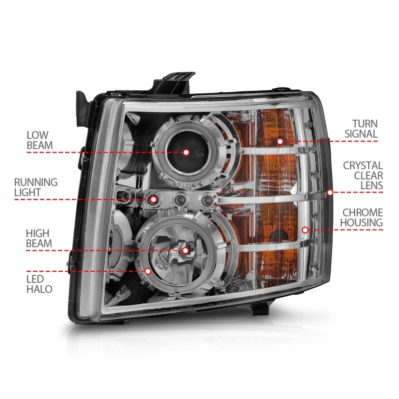 ANZO 2007-2013 Chevrolet Silverado 1500 Projector Headlights with Halo C, featuring clear lens and chrome housing.