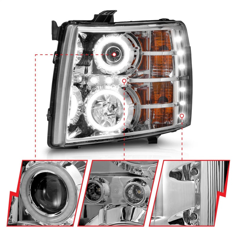 ANZO 2007-2013 Chevrolet Silverado 1500 Projector Headlights with Halo C, featuring clear lens and chrome housing.