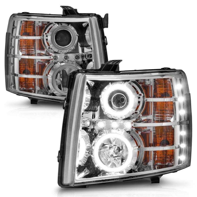 ANZO 2007-2013 Chevrolet Silverado 1500 Projector Headlights with Halo C, featuring clear lens and chrome housing.
