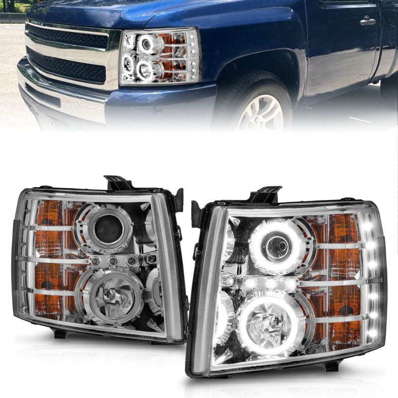 ANZO 2007-2013 Chevrolet Silverado 1500 Projector Headlights with Halo C, featuring clear lens and chrome housing.