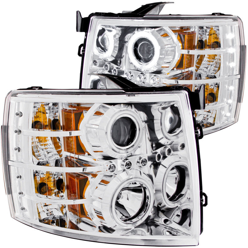 ANZO 2007-2013 Chevrolet Silverado 1500 Projector Headlights with Halo C, featuring clear lens and chrome housing.