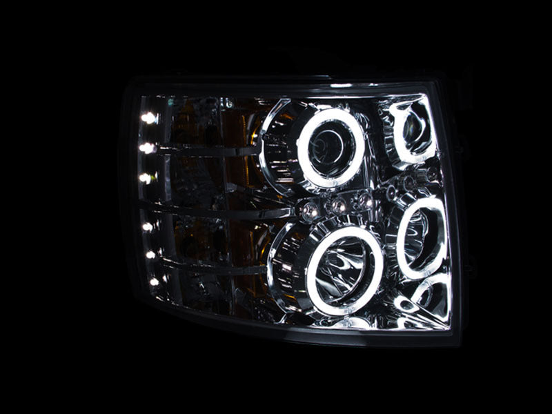ANZO 2007-2013 Chevrolet Silverado 1500 Projector Headlights with Halo C, featuring clear lens and chrome housing.