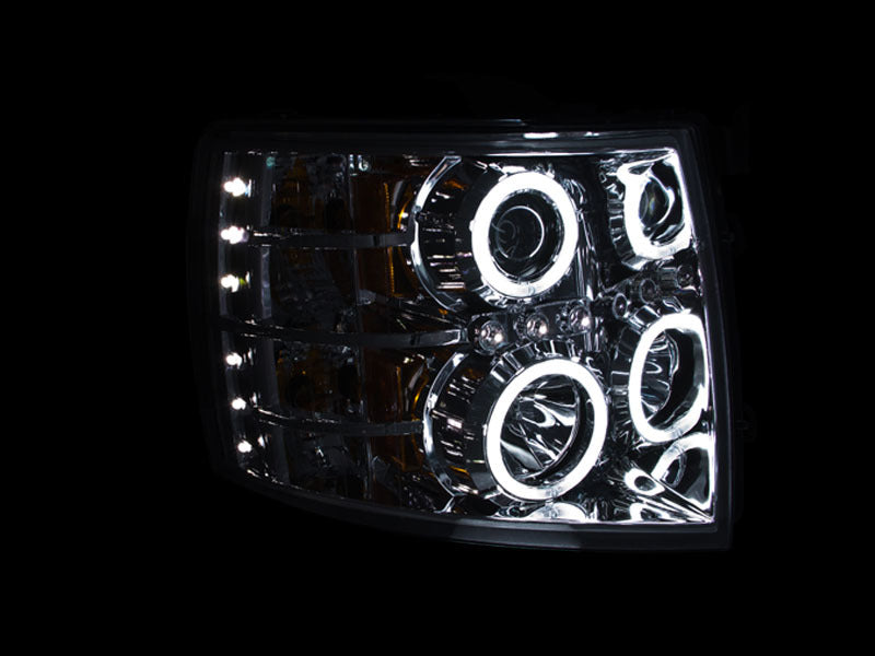 ANZO 2007-2013 Chevrolet Silverado 1500 Projector Headlights with Halo C, featuring clear lens and chrome housing.