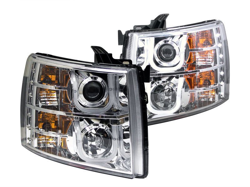 ANZO projector headlights for 2007-2013 Chevrolet Silverado 1500 with clear lens and chrome housing featuring a U-Bar design.
