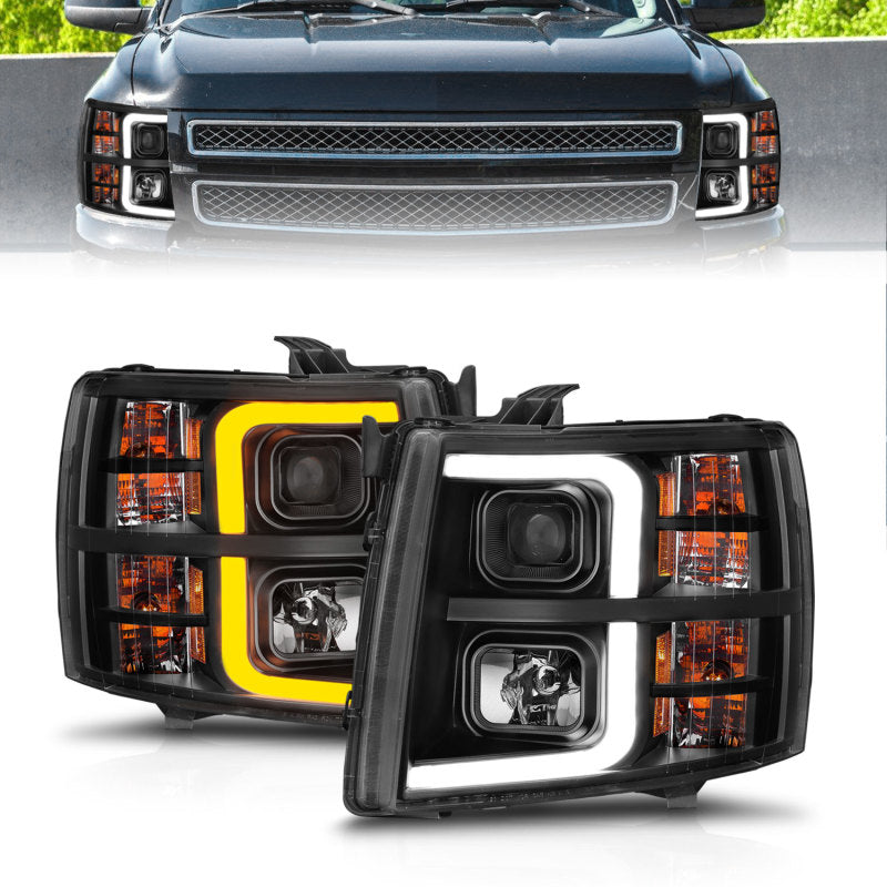 ANZO 2007-2013 Chevrolet Silverado 1500 Projector Headlights with Light Bar in sleek black housing, showcasing modern design and powerful light output.