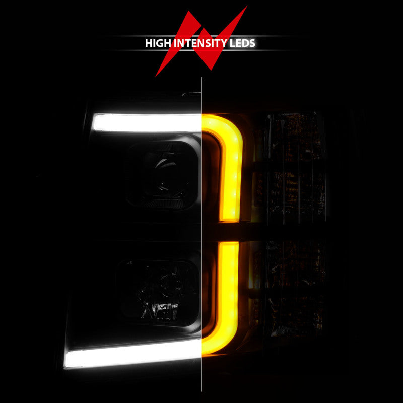 ANZO 2007-2013 Chevrolet Silverado 1500 Projector Headlights with Light Bar in sleek black housing, showcasing modern design and powerful light output.