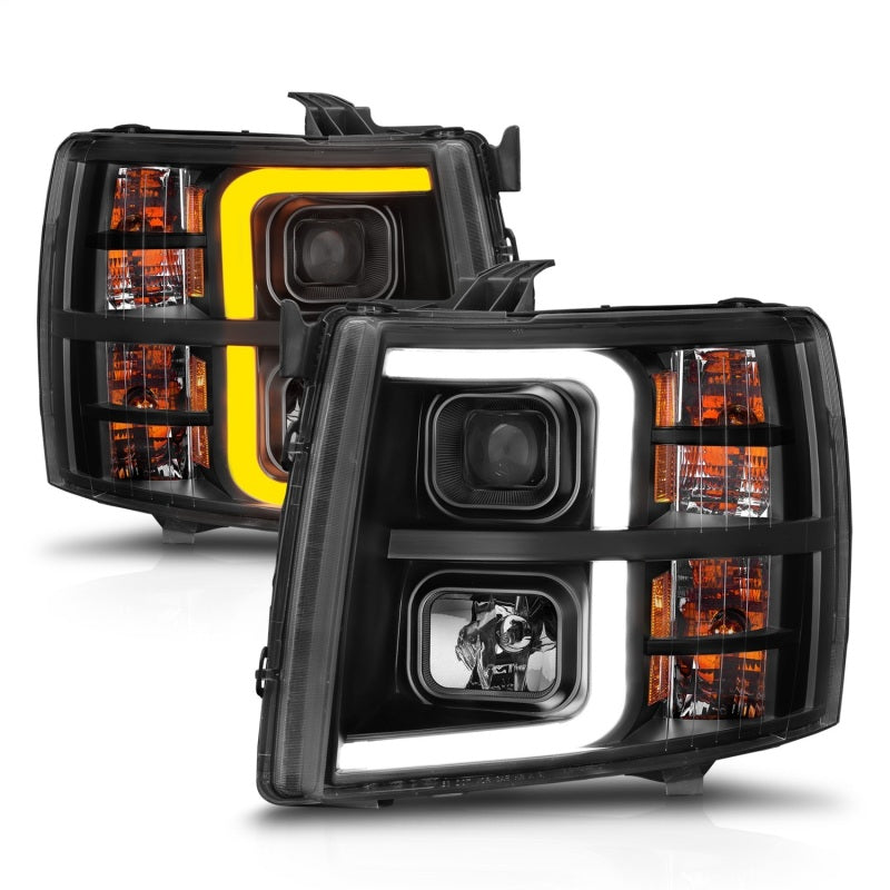 ANZO 2007-2013 Chevrolet Silverado 1500 Projector Headlights with Light Bar in sleek black housing, showcasing modern design and powerful light output.