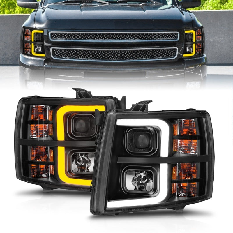 ANZO 2007-2013 Chevrolet Silverado 1500 Projector Headlights with Light Bar in sleek black housing, showcasing modern design and powerful light output.