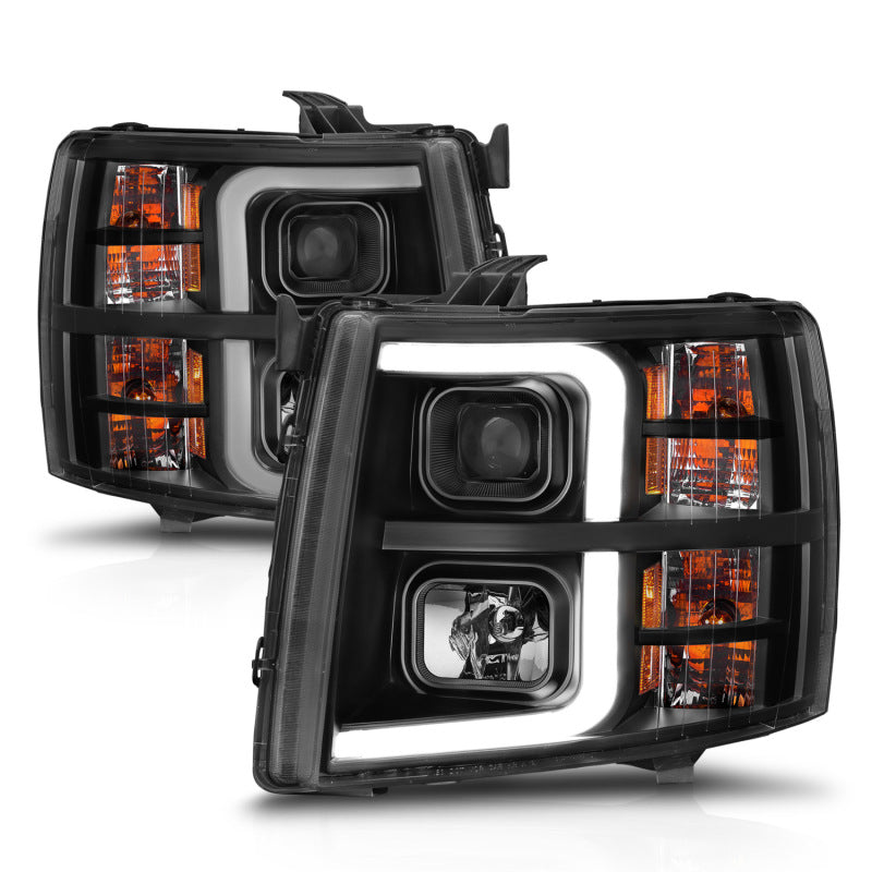 ANZO 2007-2013 Chevrolet Silverado 1500 Projector Headlights with Light Bar in sleek black housing, showcasing modern design and powerful light output.