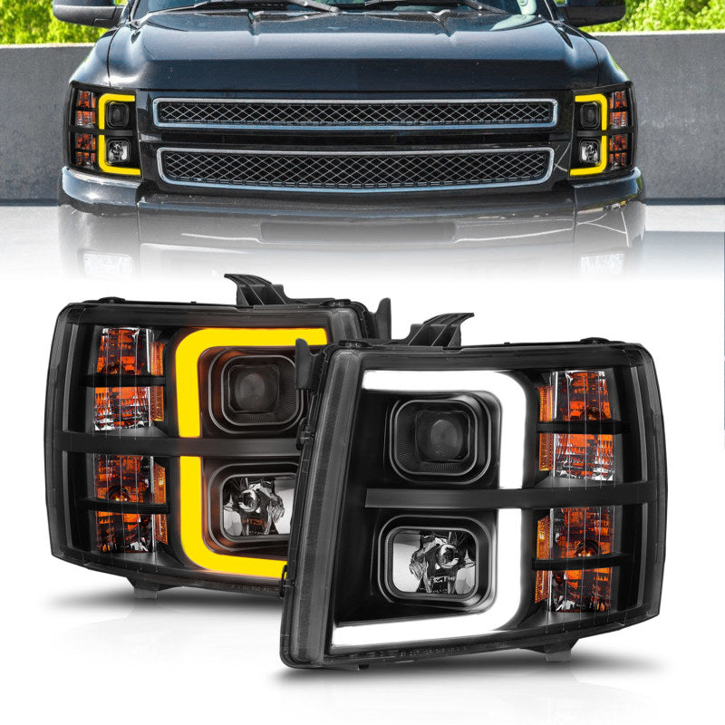 ANZO 2007-2013 Chevrolet Silverado 1500 Projector Headlights with Light Bar in sleek black housing, showcasing modern design and powerful light output.